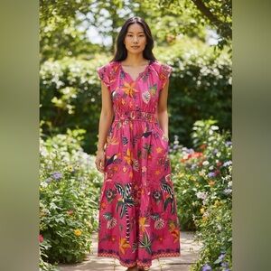 Floral Flutter-Sleeve Maxi Dress in Vibrant Pink
